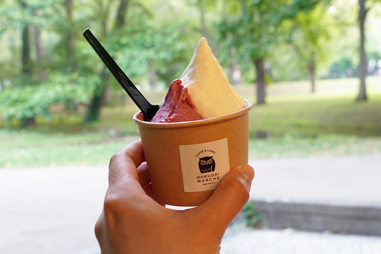 "Gelato Double (Haskap/Hokkaido University Milk)" está disponible para llevar. En los días que hace buen tiempo o durante la temporada de invierno, recomendamos sentarse en la terraza y disfrutar de la naturaleza.