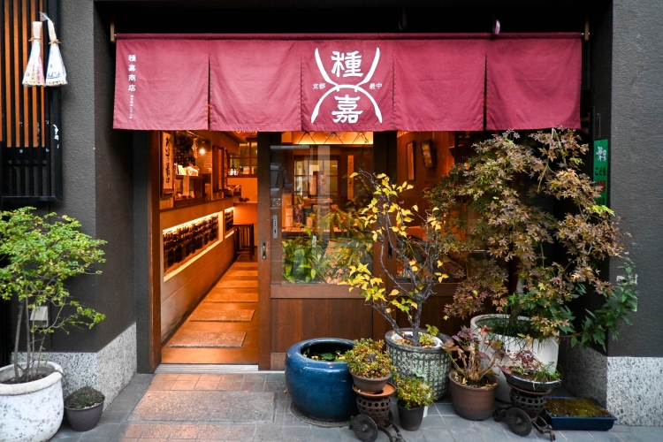 "Taneka Shoten", fácilmente reconocible por su noren (cortina) roja, se alza discretamente en un callejón de Kioto.